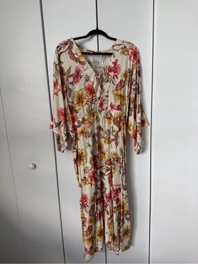 Floral V-Neck Maxi Dress in Cream with Pink & Yellow Blooms